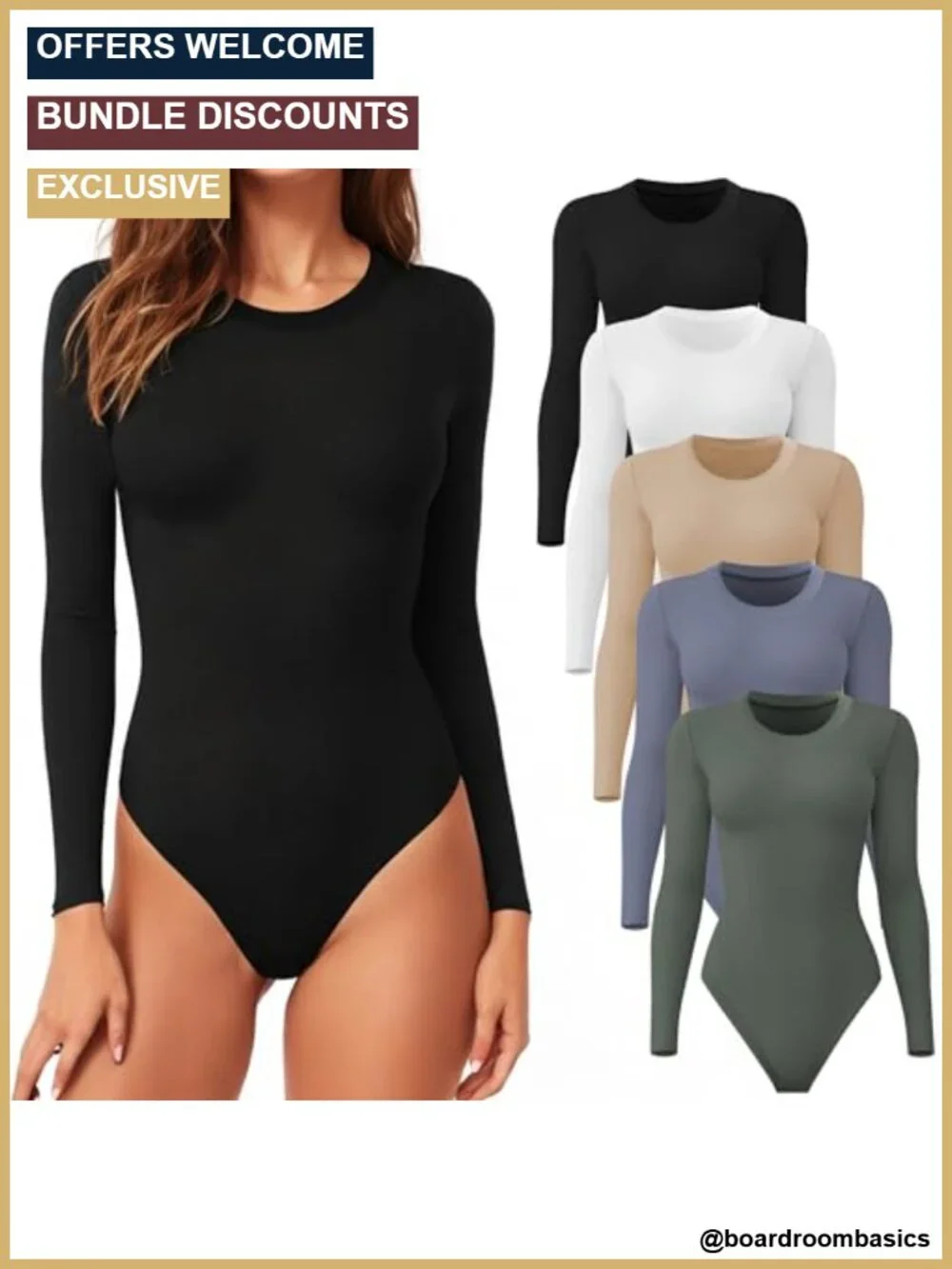Women's Long Sleeve Ribbed Bodysuit 5 Pack Snap Closure Crew Neck